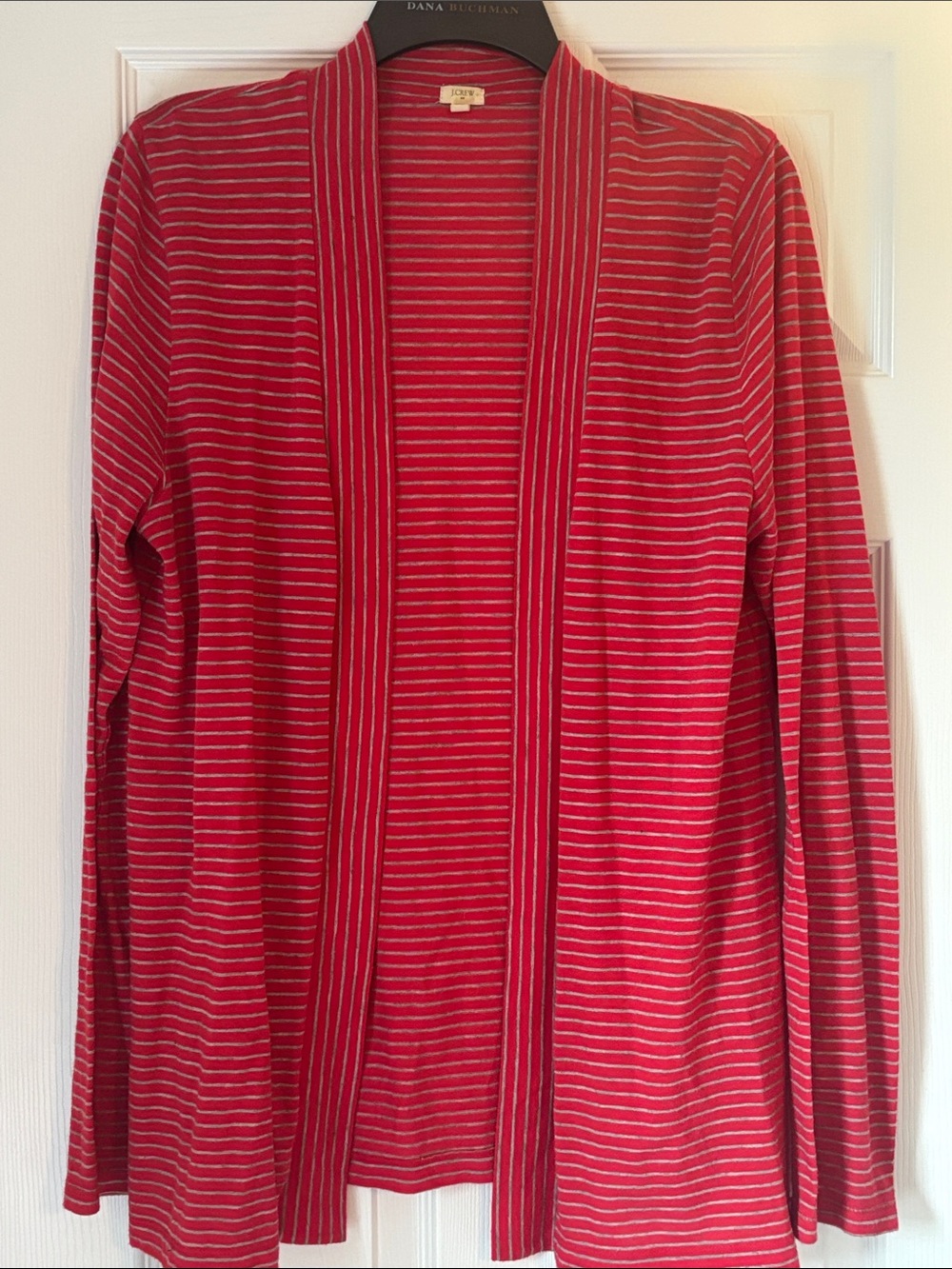 J. Crew Red and Grey Striped Open-Front Cardigan